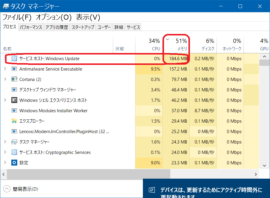 Windows Updateによるメモリの消費